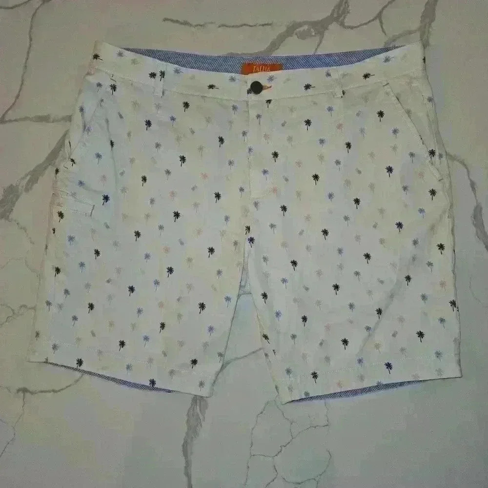 Talia Mens Palm Tree Shorts Cotton White Blue Pink Size 36